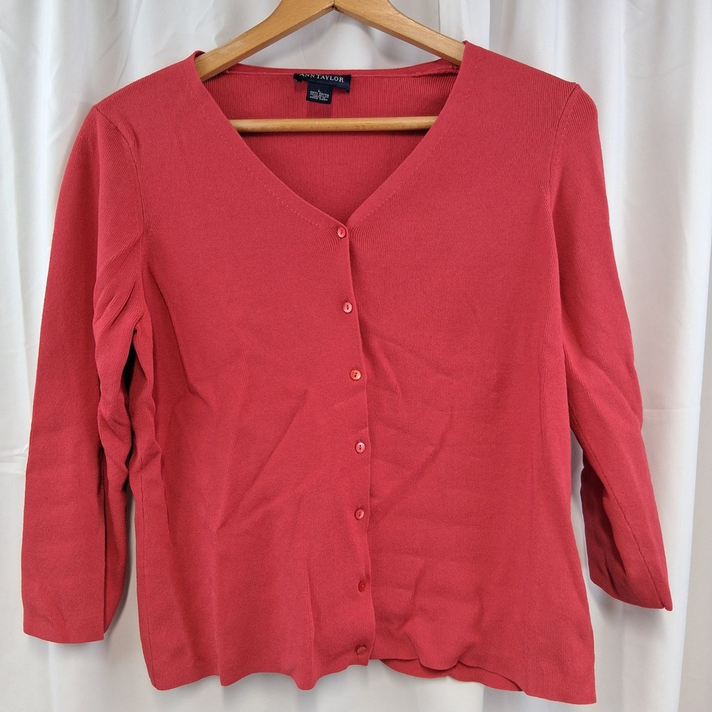 Ann Taylor Coral Pink Ribbed V Neck Button Front Cardigan Sweater Women's Large